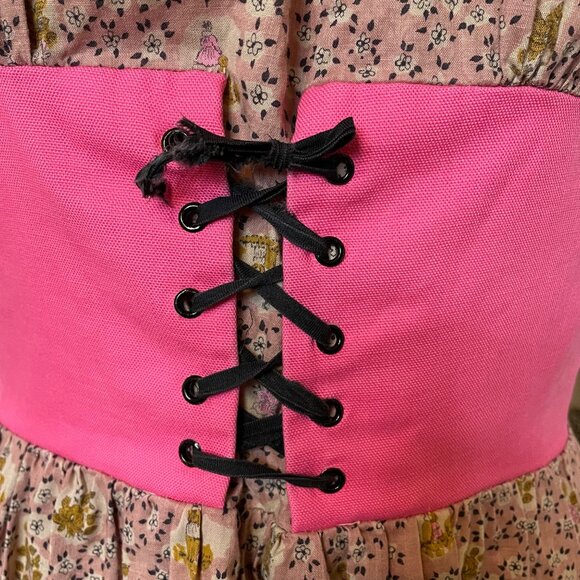 60s Vintage Pink and Black Floral Cotton Corset Waist Scoop Neck Peasant Dress - Picture 2 of 7